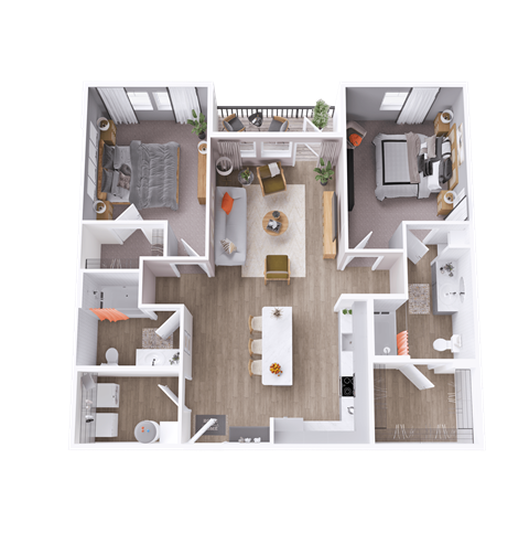 a 3D floorplan of a two bedroom apartment