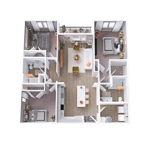a 3D floorplan of a three bedroom floorplan