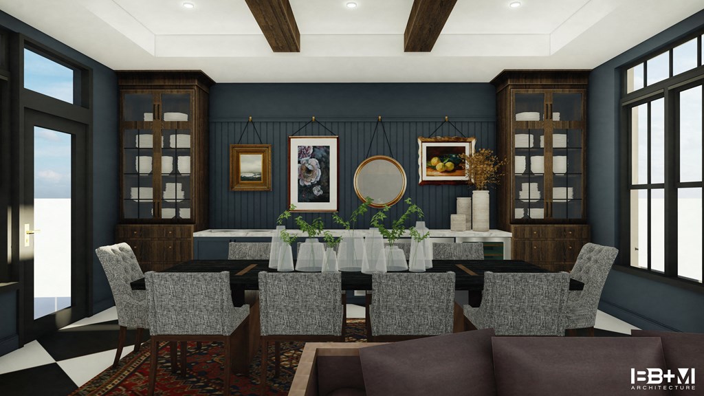 a rendering of a dining room with a large table and chairs