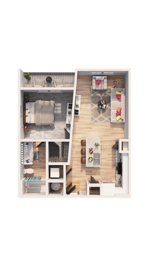 A top-down view of a small apartment with a kitchen, living room, and bathroom.