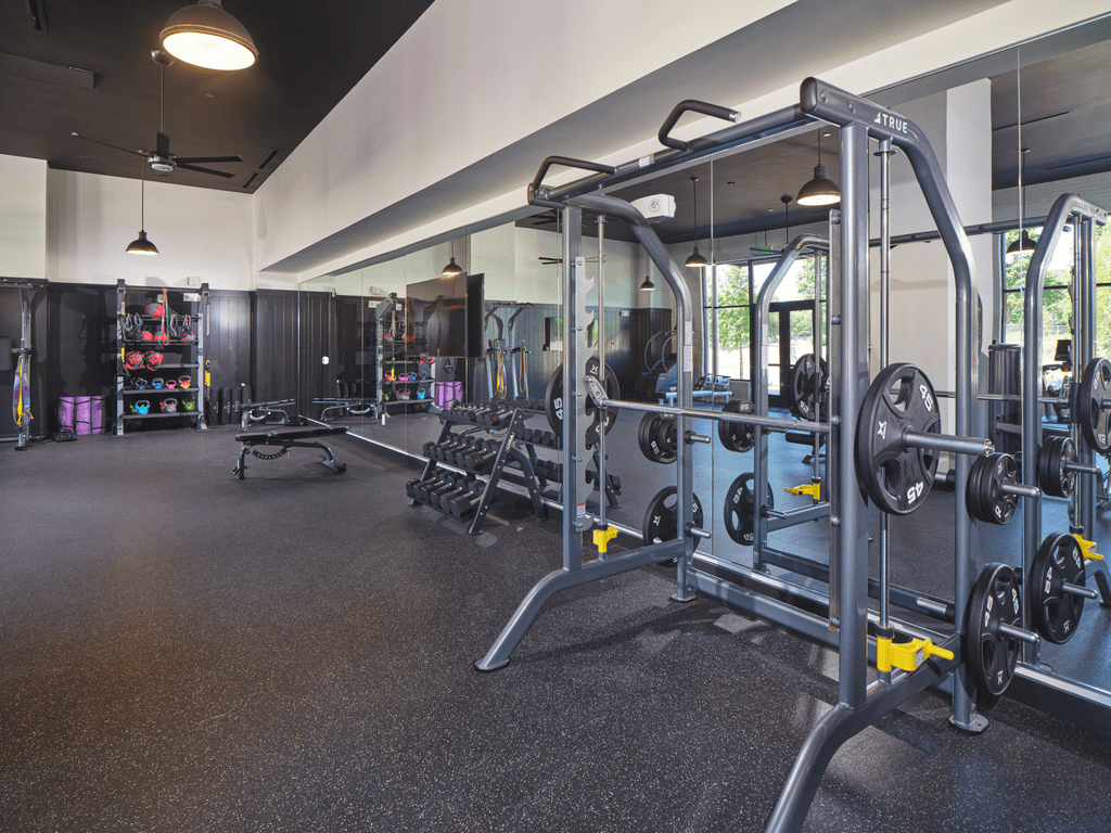 A gym with a variety of equipment including a squat rack.