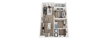 A top down view of a small apartment with a kitchen, living room, and bathroom.