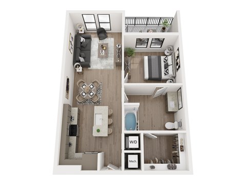 A top down view of a small apartment with a kitchen, living room, and bathroom.