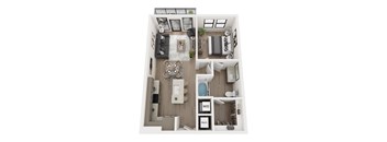 A top-down view of a well-organized apartment with a living room, kitchen, and bathroom.