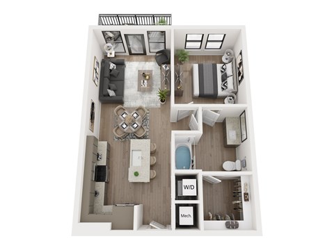 A top-down view of a well-organized apartment with a living room, kitchen, and bathroom.