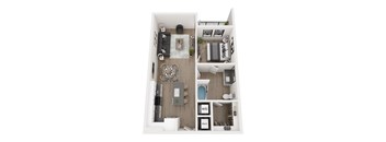 A top-down view of a small apartment with a kitchen, living room, and bathroom.