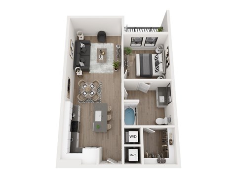 A top-down view of a small apartment with a kitchen, living room, and bathroom.