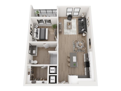 A top down view of a modern apartment layout.