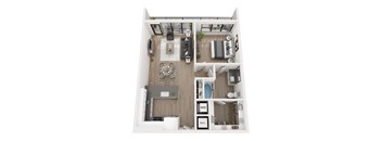 A top down view of a small apartment with a living room, kitchen, and bathroom.