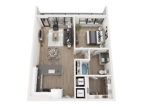 A top down view of a small apartment with a living room, kitchen, and bathroom.