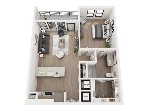 A top-down view of a modern apartment layout.