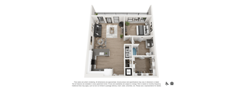 A floor plan of a two-story apartment with a living room, dining room, kitchen, and bathrooms.