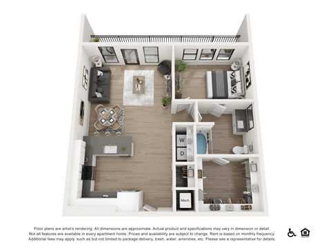 A floor plan of a two-story apartment with a living room, dining room, kitchen, and bathrooms.