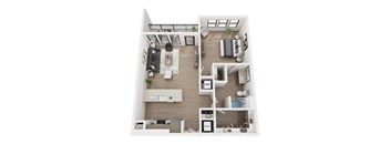 A top down view of a small apartment with a living room, kitchen, and bedroom.