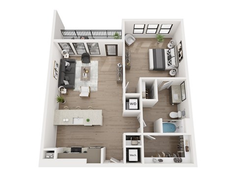 A top down view of a small apartment with a living room, kitchen, and bedroom.