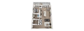 A top down view of a small apartment with a kitchen, living room, and bedroom.