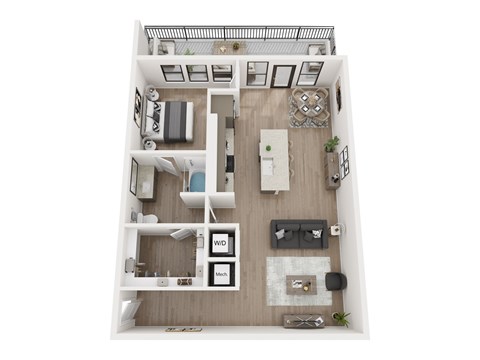 A top down view of a small apartment with a kitchen, living room, and bedroom.