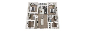 A top-down view of a small apartment with a kitchen, living room, and bedroom.