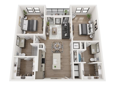 A top-down view of a small apartment with a kitchen, living room, and bedroom.