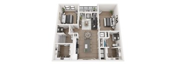 A top-down view of a modern apartment layout with a kitchen, living room, and bedrooms.
