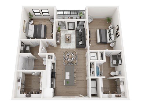 A top-down view of a modern apartment layout with a kitchen, living room, and bedrooms.