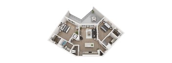 A top-down view of a small apartment layout with a kitchen, living room, and bedroom.