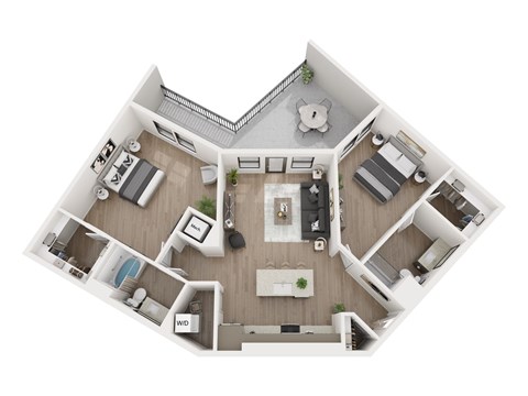 A top-down view of a small apartment layout with a kitchen, living room, and bedroom.