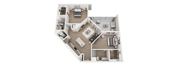 A top-down view of a house layout with a living room, kitchen, and two bedrooms.