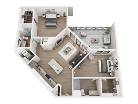 A top-down view of a house layout with a living room, kitchen, and two bedrooms.