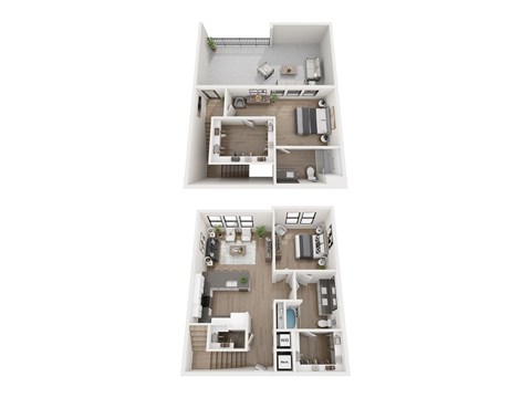 Two floor plan images of a house with a kitchen, living room, bedrooms and bathrooms.