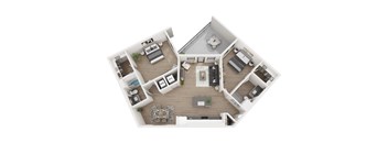 A top-down view of a house interior with a kitchen, living room, and dining area.