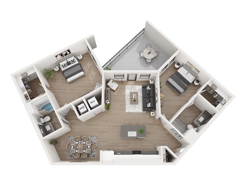 A top-down view of a house interior with a kitchen, living room, and dining area.