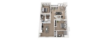 A top-down view of a two-bedroom apartment with a living room, kitchen, and bathroom.