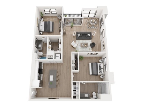 A top-down view of a two-bedroom apartment with a living room, kitchen, and bathroom.