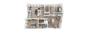 A top-down view of a modern apartment layout.