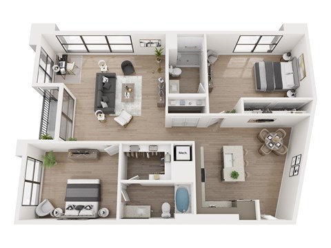 A top-down view of a modern apartment layout.