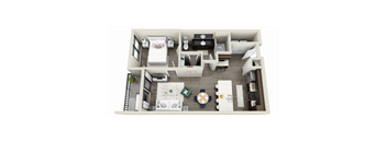 a stylized floor plan of a 1 bedroom apartment