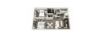 a stylized floor plan of a 1 bedroom apartment