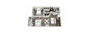 a stylized floor plan of a 1 bedroom apartment