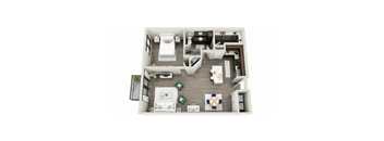 a stylized floor plan of a 1 bedroom apartment