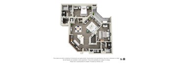 a 3d rendering of a 2 bed 2 bath flloorplan