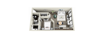 a stylized floor plan of a 1 bedroom apartment