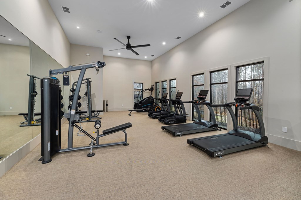 the gym is equipped with treadmills and other fitness equipment