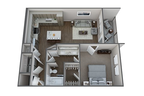a stylized floor plan of a 1 bedroom apartment
