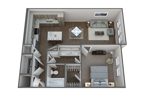 a 3d floor plan of a 1 bedroom apartment