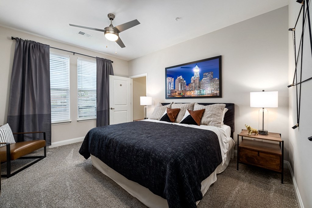 interior model  bedroom with a bed and a ceiling fan