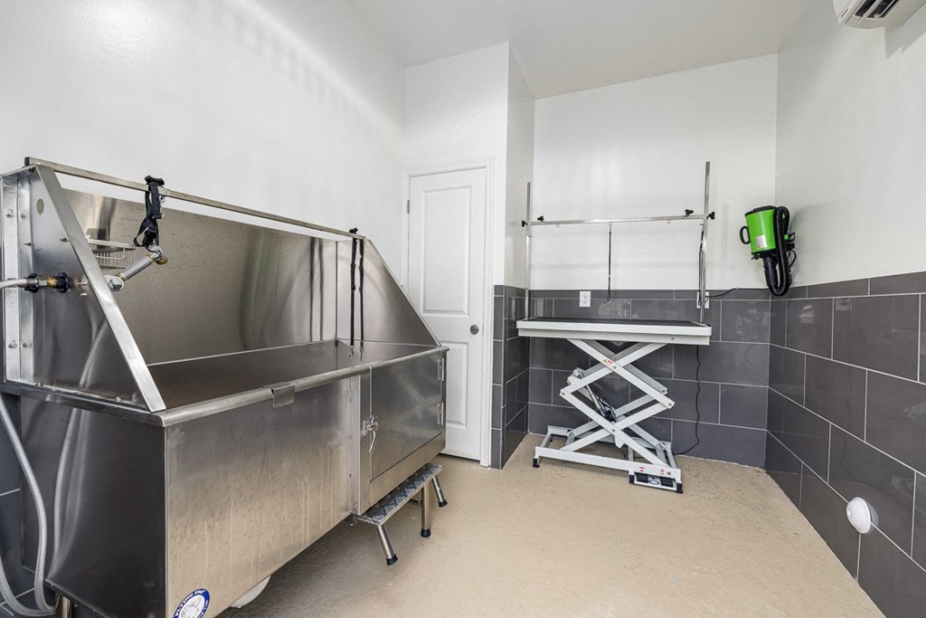 interior community pet spa with a bathing and grooming area