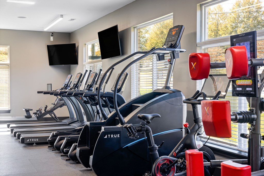a row of exercise bikes in a gym