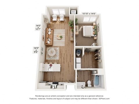a 1 bedroom floor plan with a bedroom and a living room