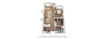a 1 bedroom floorplan with a bedroom and a living room